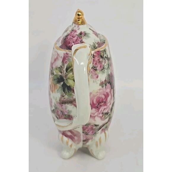 Miniature One Piece Teapot Floral Pink Roses Pattern with Gold, 3.5" PB194 - Picture 2 of 7